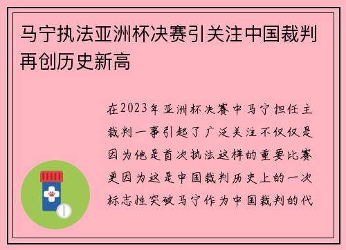 马宁执法亚洲杯决赛引关注中国裁判再创历史新高