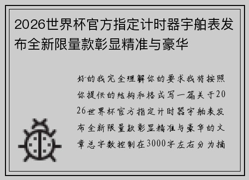 2026世界杯官方指定计时器宇舶表发布全新限量款彰显精准与豪华 2026世界杯官方指定计时器宇舶表发布全新限量款彰显精准与豪华
